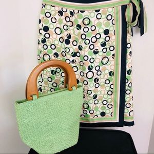 TALBOTS Silk Wrap Skirt ~ straw Woden handle bag